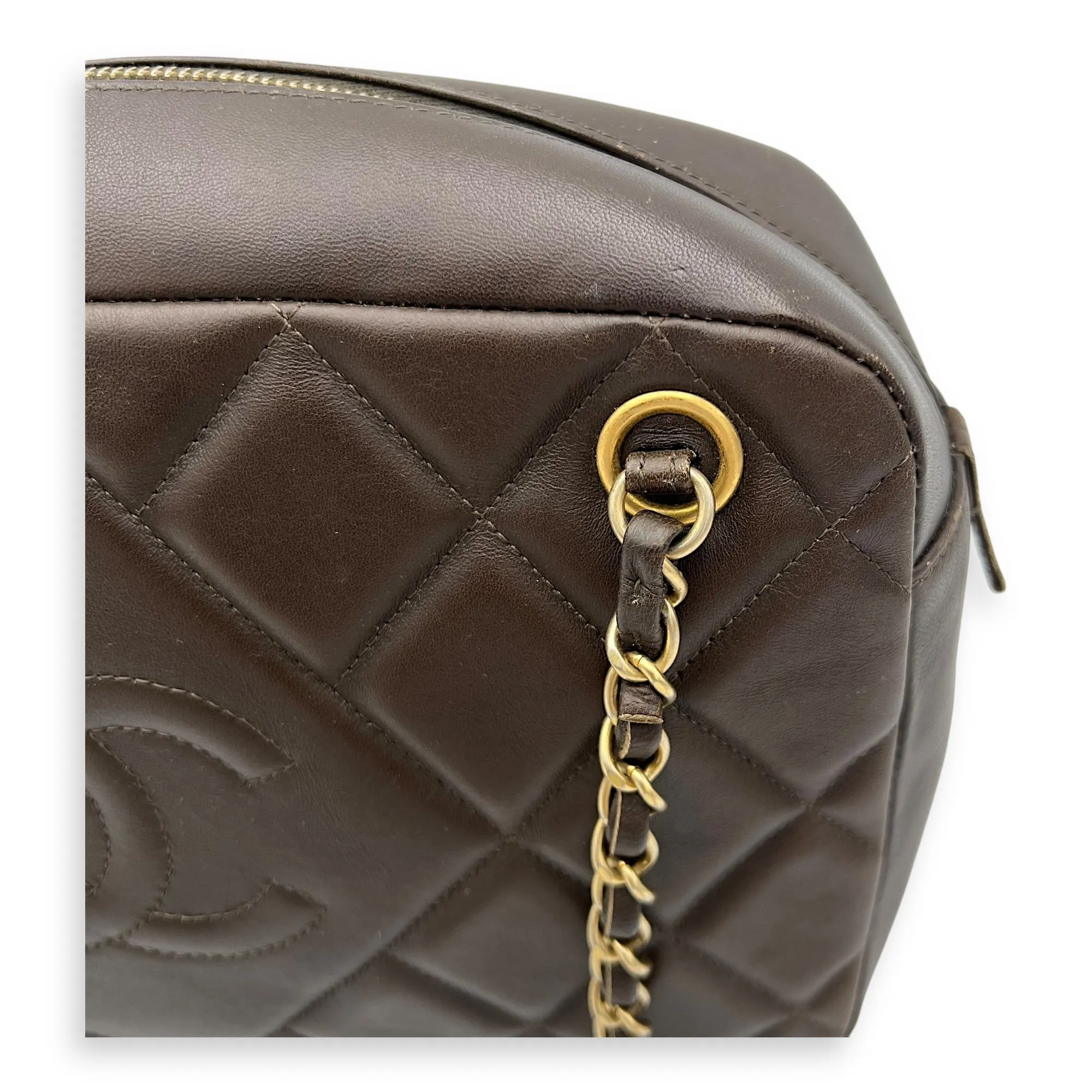 Camera Brown Shoulder Bag in Calfskin, Gold hardware
