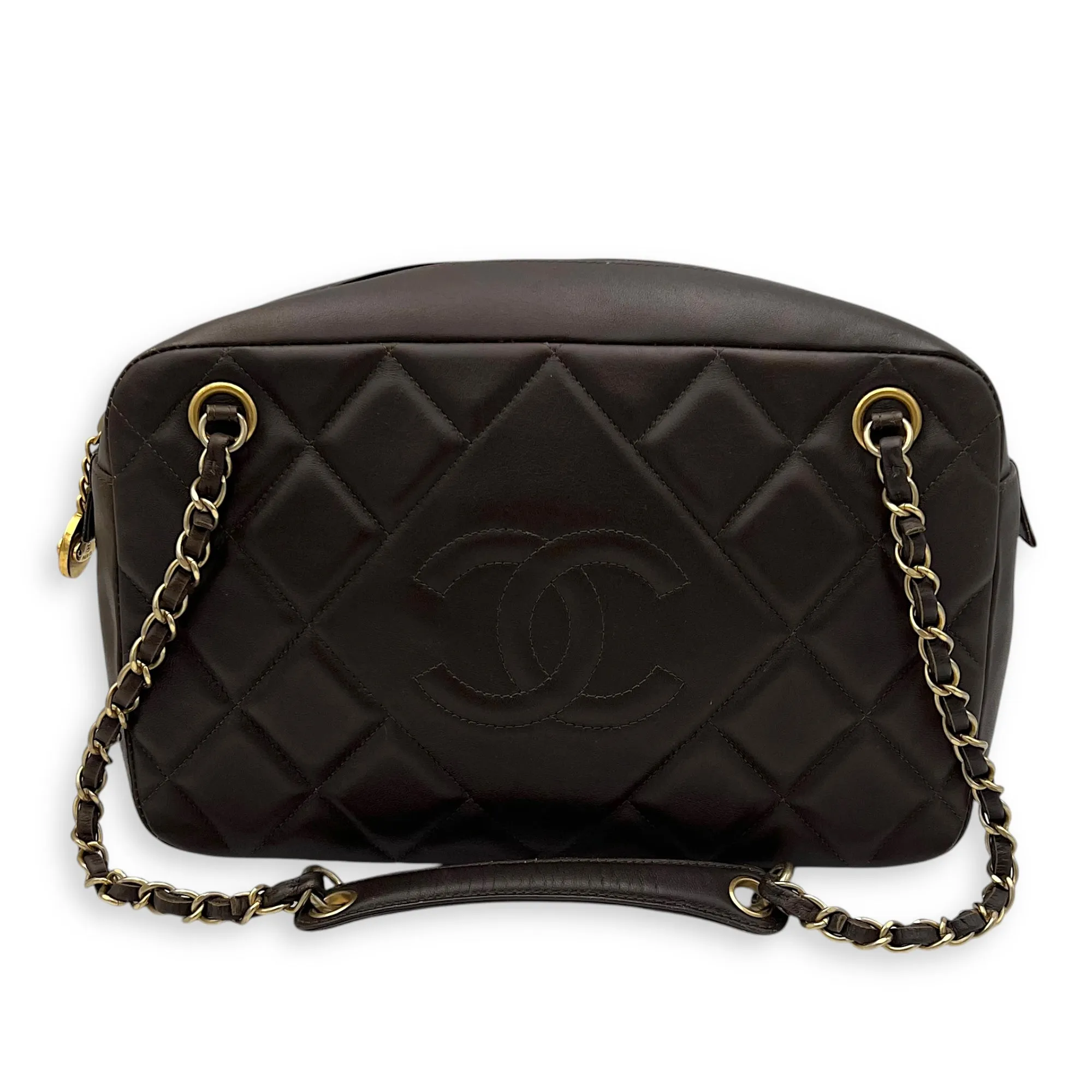 Camera Brown Shoulder Bag in Calfskin, Gold hardware