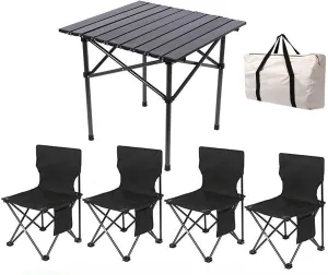 Camping Compact Table Collapsible Lightweight Lawn Chair Portable Picnic Table with Seats for More People, Folding Roll up Carbon Steel Table for Garden Patio, 53cm-black-5pcs