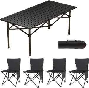 Camping Folding Chair and Table Set with Roll up Carbon Steel Folding Beach Picnic Tables Collapsible Backpack Lawn Chair for More People Party, BBQ, 120cm-5PCS, Black