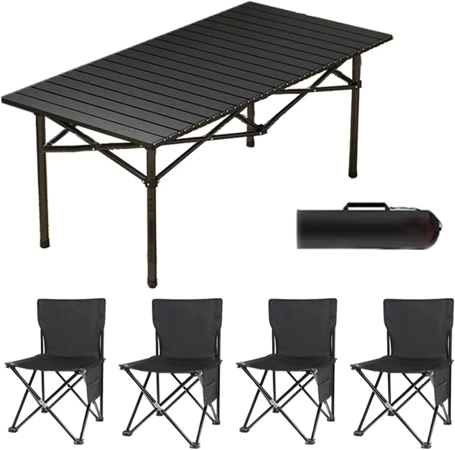 Camping Folding Chair and Table Set with Roll up Carbon Steel Folding Beach Picnic Tables Collapsible Backpack Lawn Chair for More People Party, BBQ, 120cm-5PCS, Black