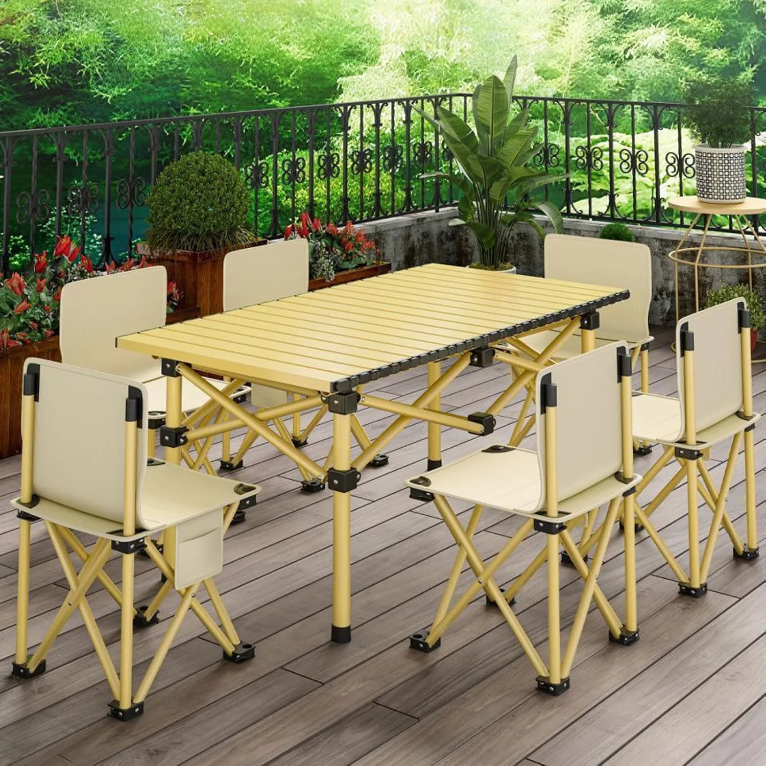 Camping Folding Chair and Table Set with Roll up Carbon Steel Folding Beach Picnic Tables Collapsible Backpack Lawn Chair for More People Party, BBQ, 120cm-5PCS, Black