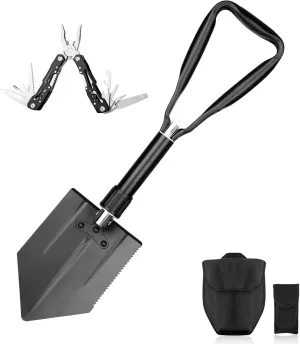 Camping Folding Shovel and 14 in 1 Multifunctional Tool with Safety Lock (Pliers, Pocket Knife, Bottle Opener, etc.) Suitable for Survival, Camping, Hunting, and Hiking (01SH01), Black