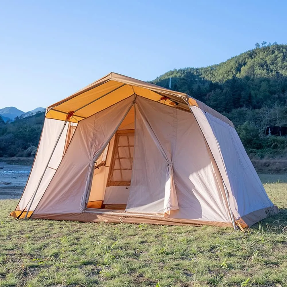 Camping Tent for 3-4 Person Double Layer Portable Family Tent Waterproof Windproof Anti-UV for Hiking Fishing - Festival Party Tent Teepee (Coffee 310X260X210CM) (Coffee 310X260X210CM)