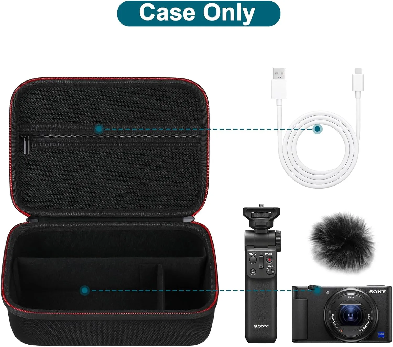 Canboc Carrying Camera Case for Sony ZV-1F/ ZV-1/ ZV-1 II Vlog Digital Camera & Vlogger Accessory Kit Tripod, Travel Storage Bag with Strap, Mesh Pocket fit Cable, Black (Case Only)