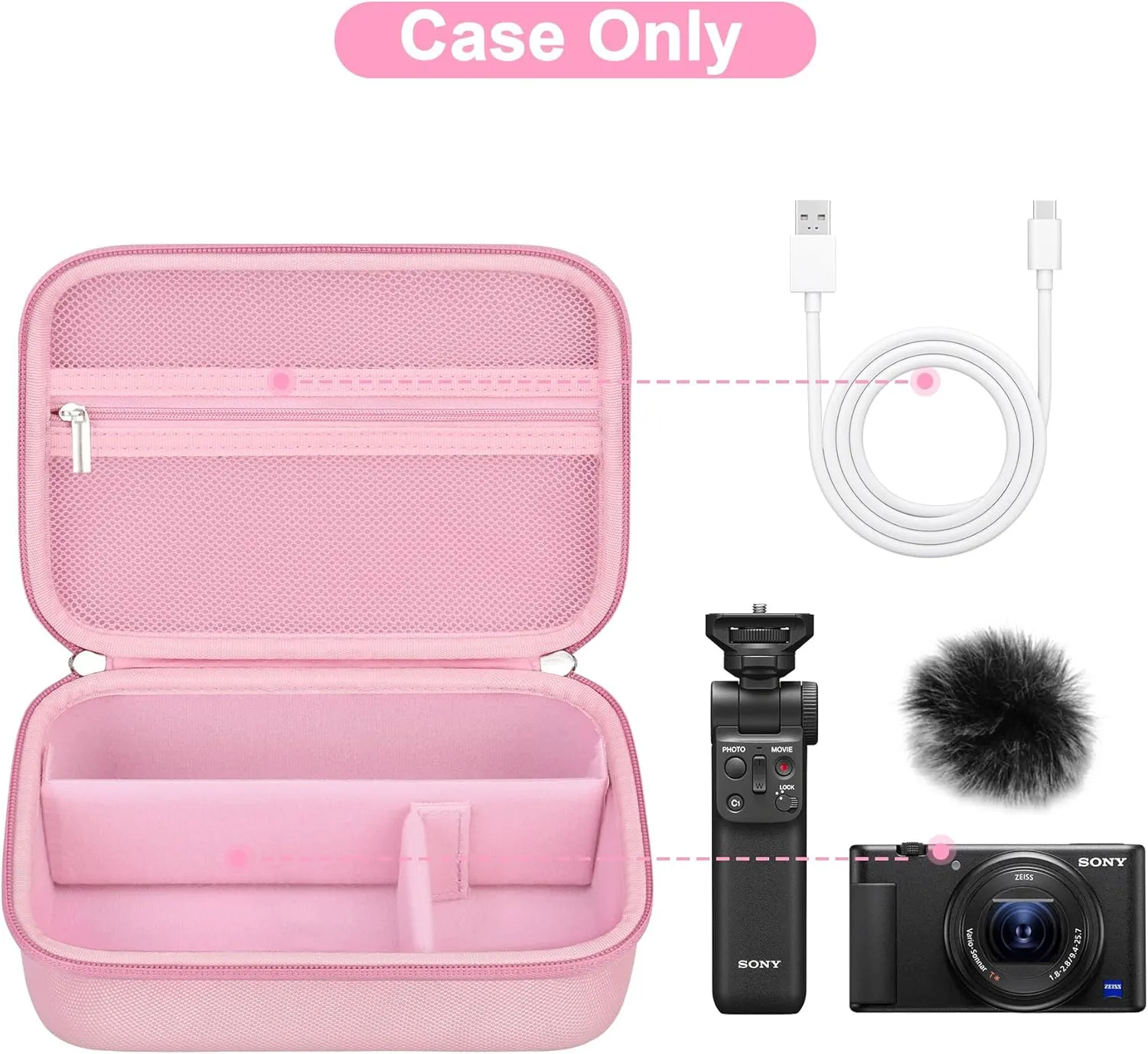 Canboc Carrying Camera Case for Sony ZV-1F/ ZV-1/ ZV-1II Vlog Digital & Vlogger Accessory Kit Tripod, Travel Storage Bag with Strap, Mesh Pocket fit Cable, Pink