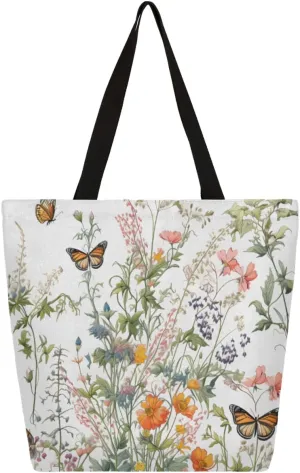 Canvas Tote Bag for Women Heavy Duty Canvas Bag Wild Floral Butterfly Beach Bags Reusable Grocery Shopping Bags Tote Bag Gym Shoulder Bag with Inner Pocket