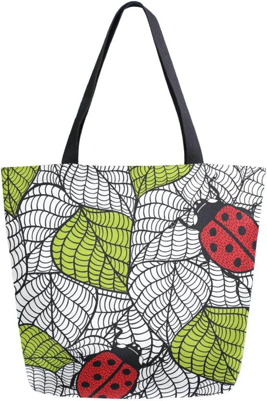 Canvas Tote Bag Green Leaves Red Bugs Woman Beach Bag Ecological Leaf Shoulder Bag