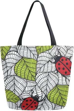 Canvas Tote Bag Green Leaves Red Bugs Woman Beach Bag Ecological Leaf Shoulder Bag