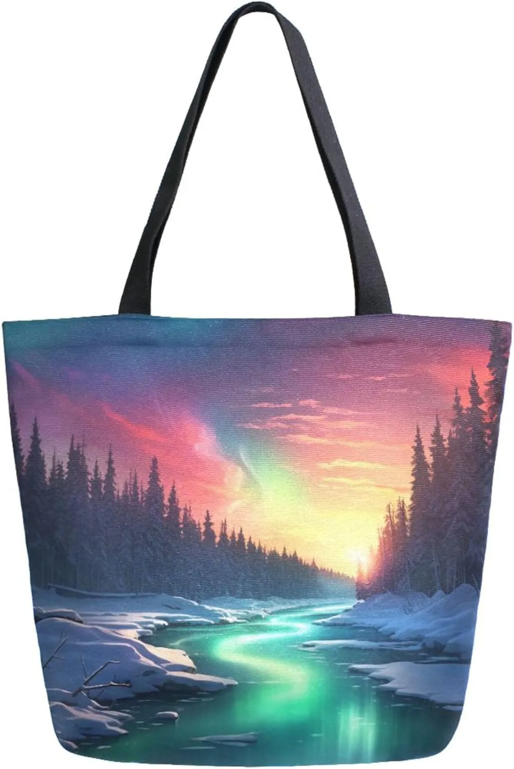 Canvas Tote Bag Norway Aurora Landscape Reusable Grocery Bag Travel Bag Handbag Top Handle Shoulder Bags Eco Friendly Tote Shopping Bag S0403335