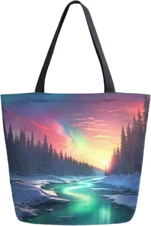 Canvas Tote Bag Norway Aurora Landscape Reusable Grocery Bag Travel Bag Handbag Top Handle Shoulder Bags Eco Friendly Tote Shopping Bag S0403335