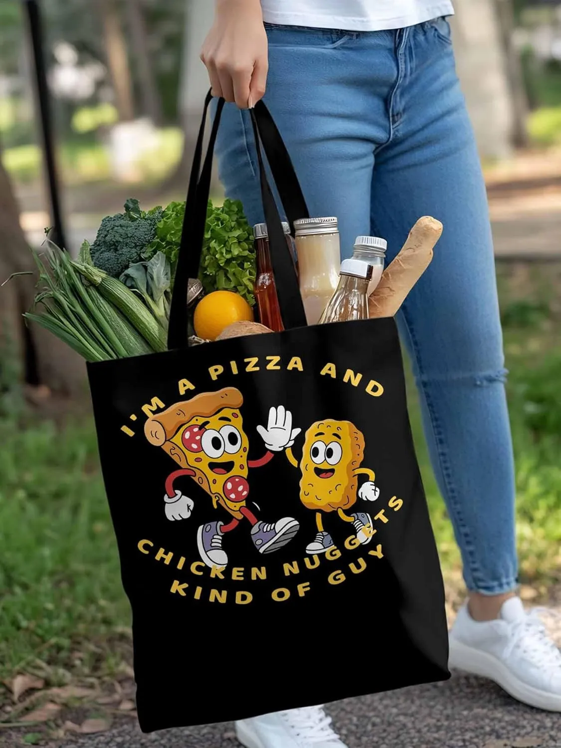Canvas Tote Bag Pizza Fried Chicken Food Reusable Grocery Shopping Bags with Handle, Cartoon Style Large Canvas