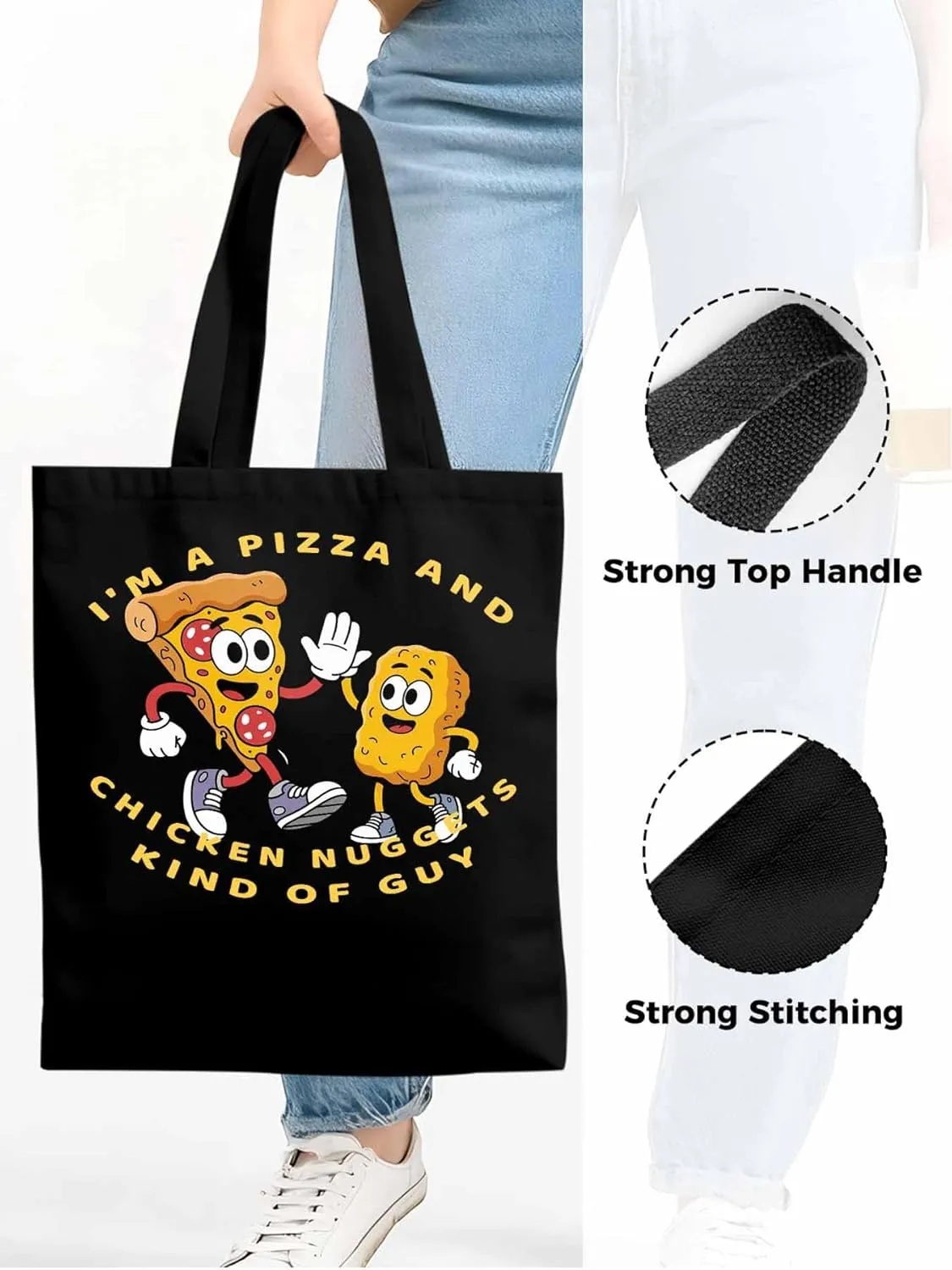 Canvas Tote Bag Pizza Fried Chicken Food Reusable Grocery Shopping Bags with Handle, Cartoon Style Large Canvas