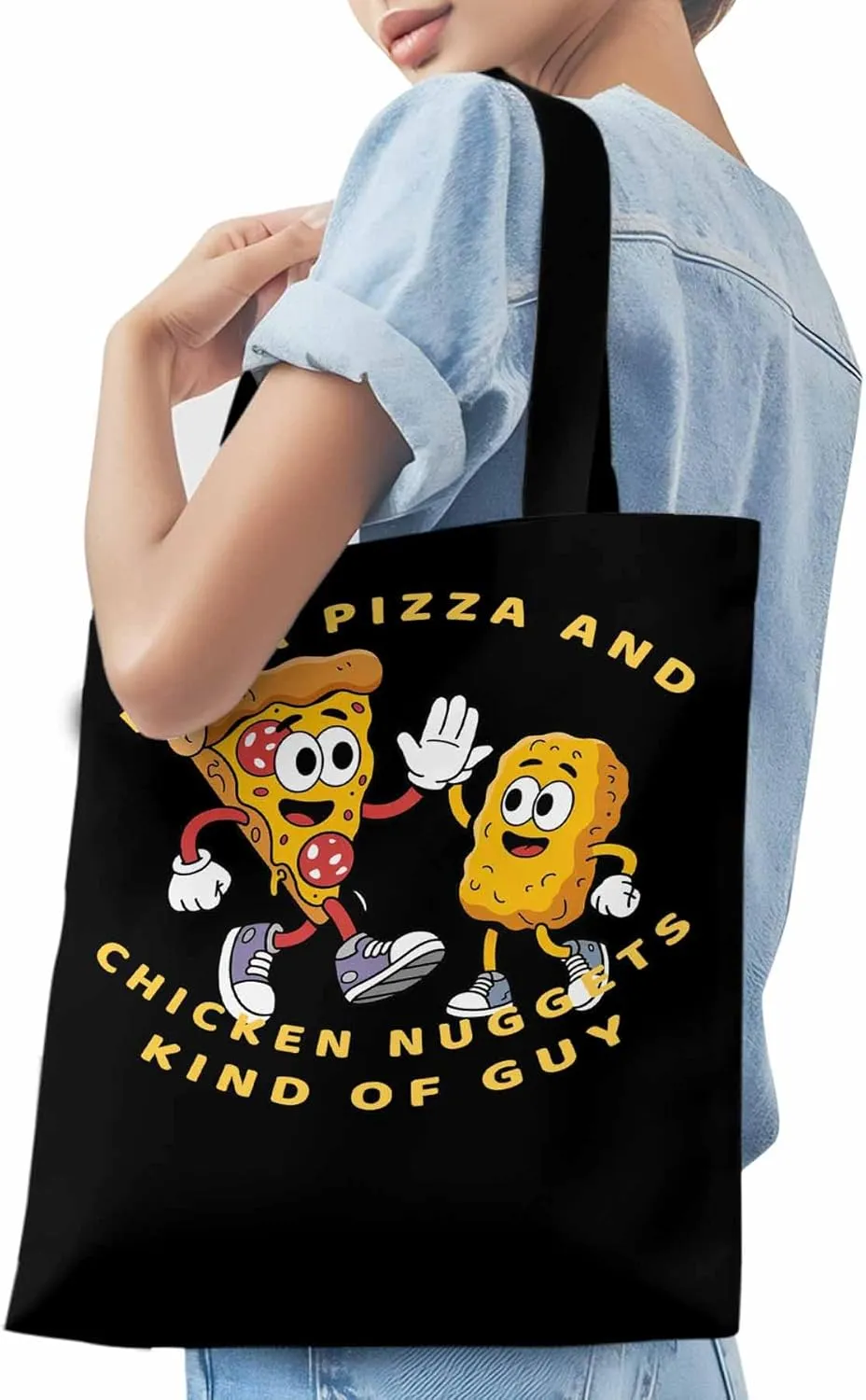 Canvas Tote Bag Pizza Fried Chicken Food Reusable Grocery Shopping Bags with Handle, Cartoon Style Large Canvas