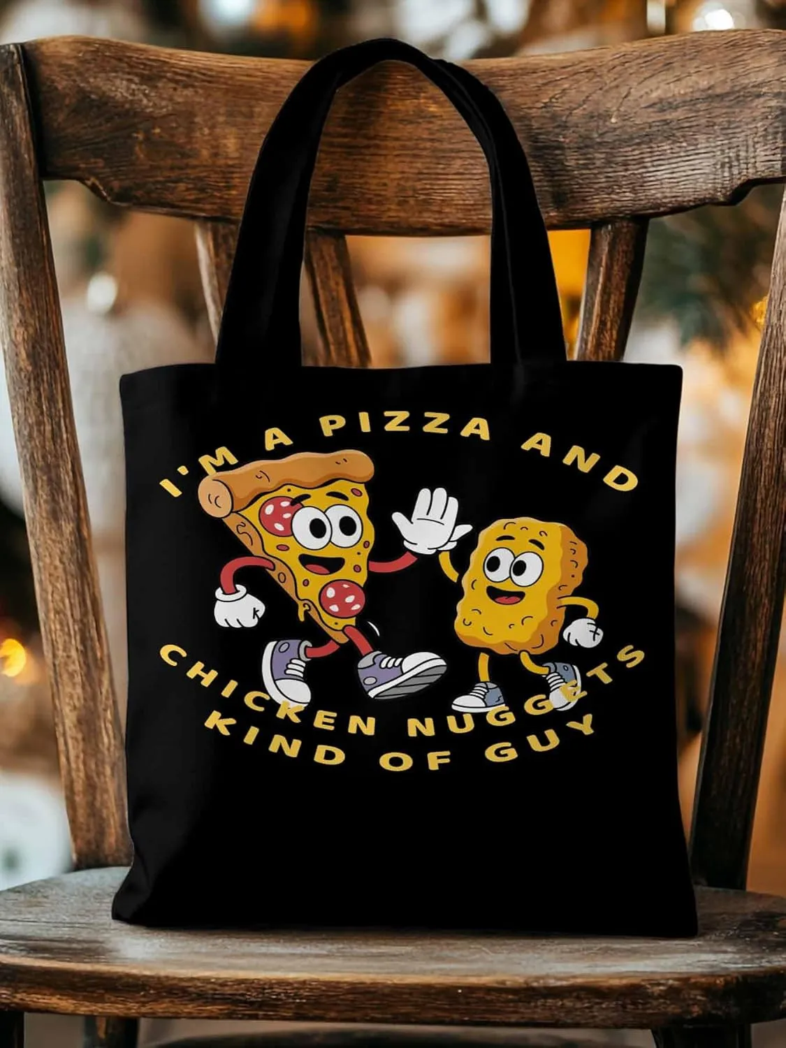 Canvas Tote Bag Pizza Fried Chicken Food Reusable Grocery Shopping Bags with Handle, Cartoon Style Large Canvas