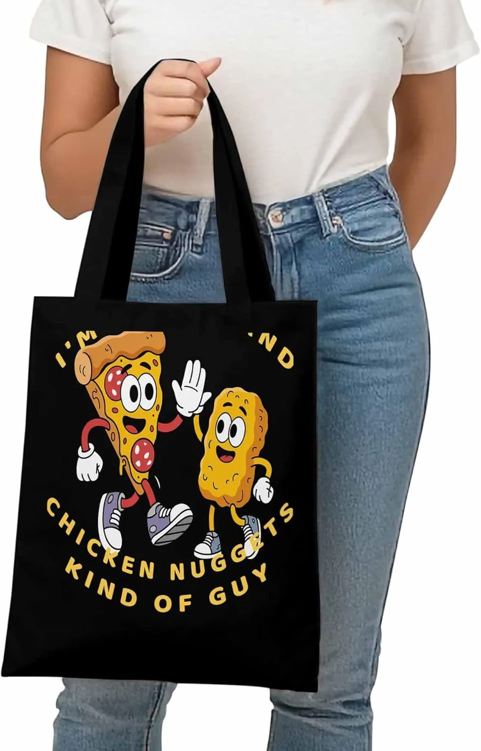 Canvas Tote Bag Pizza Fried Chicken Food Reusable Grocery Shopping Bags with Handle, Cartoon Style Large Canvas