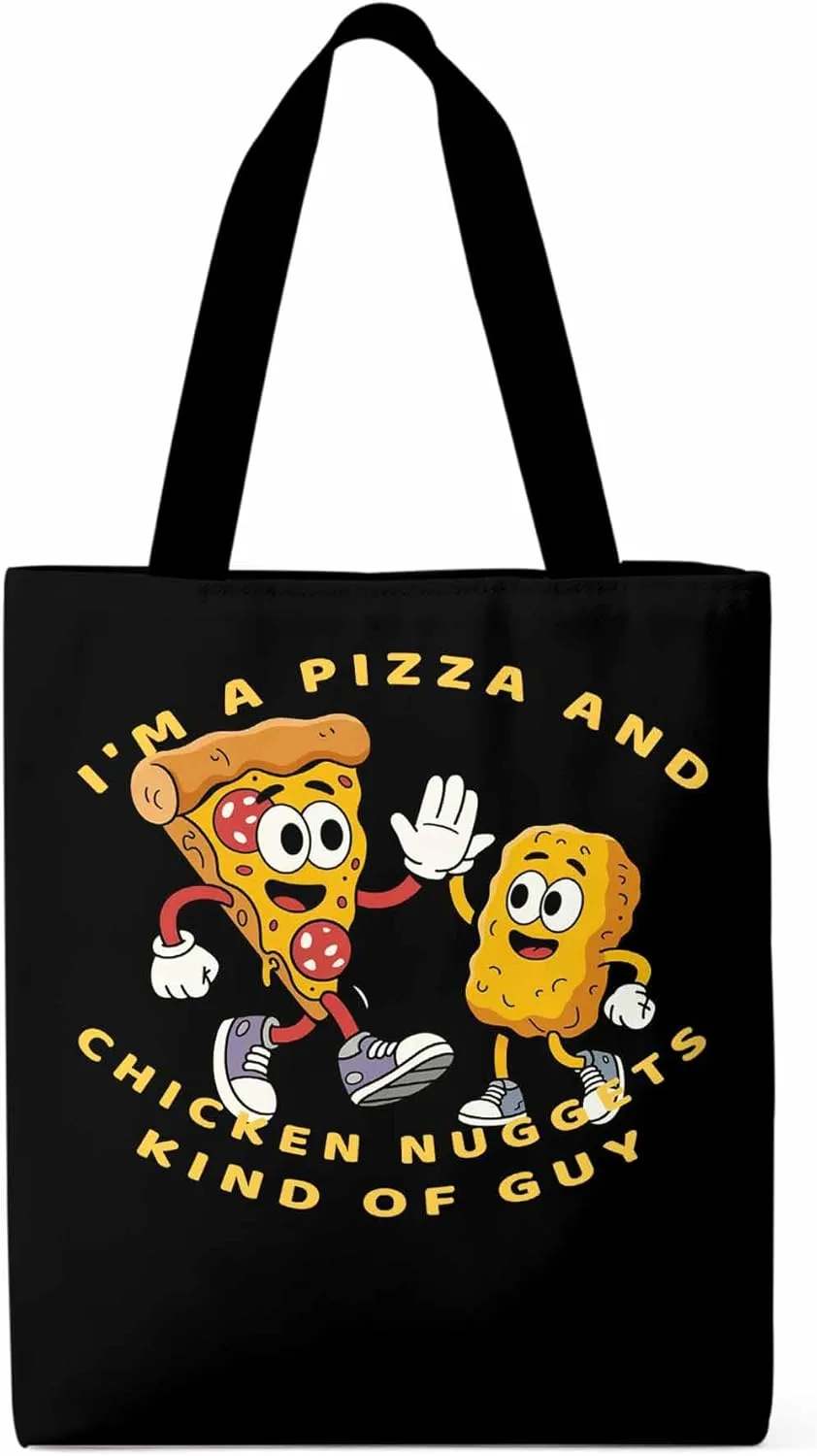 Canvas Tote Bag Pizza Fried Chicken Food Reusable Grocery Shopping Bags with Handle, Cartoon Style Large Canvas