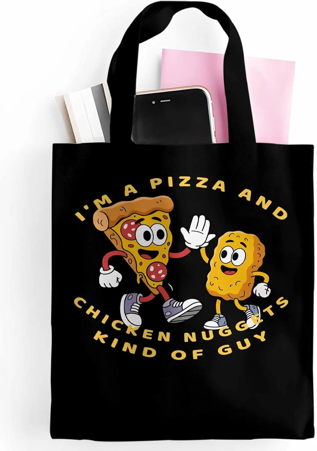 Canvas Tote Bag Pizza Fried Chicken Food Reusable Grocery Shopping Bags with Handle, Cartoon Style Large Canvas