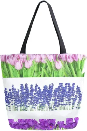 Canvas Tote Bag Summer Flowers in Rows Woman Beach Bag Tulip Lavender Poppies Shoulder Bag School Had Bag Handbag Holiday Gift