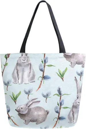 Canvas Tote Bag Willow Twigs Hares Woman Beach Bag Blue Floral Leaves Shoulder Bag School Had Bag Handbag Holiday Gift