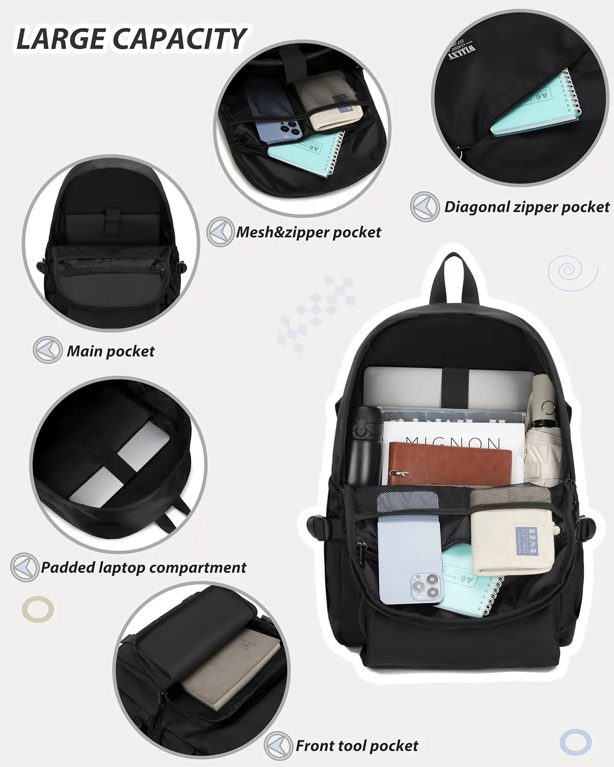 Caoroky knight College School Bag for Men Women Laptop Backpack 15.6 Inch Anti Theft Travel Daypack Large Elementary Middle High Bookbags for Teens Girls Boys Students-Large,black