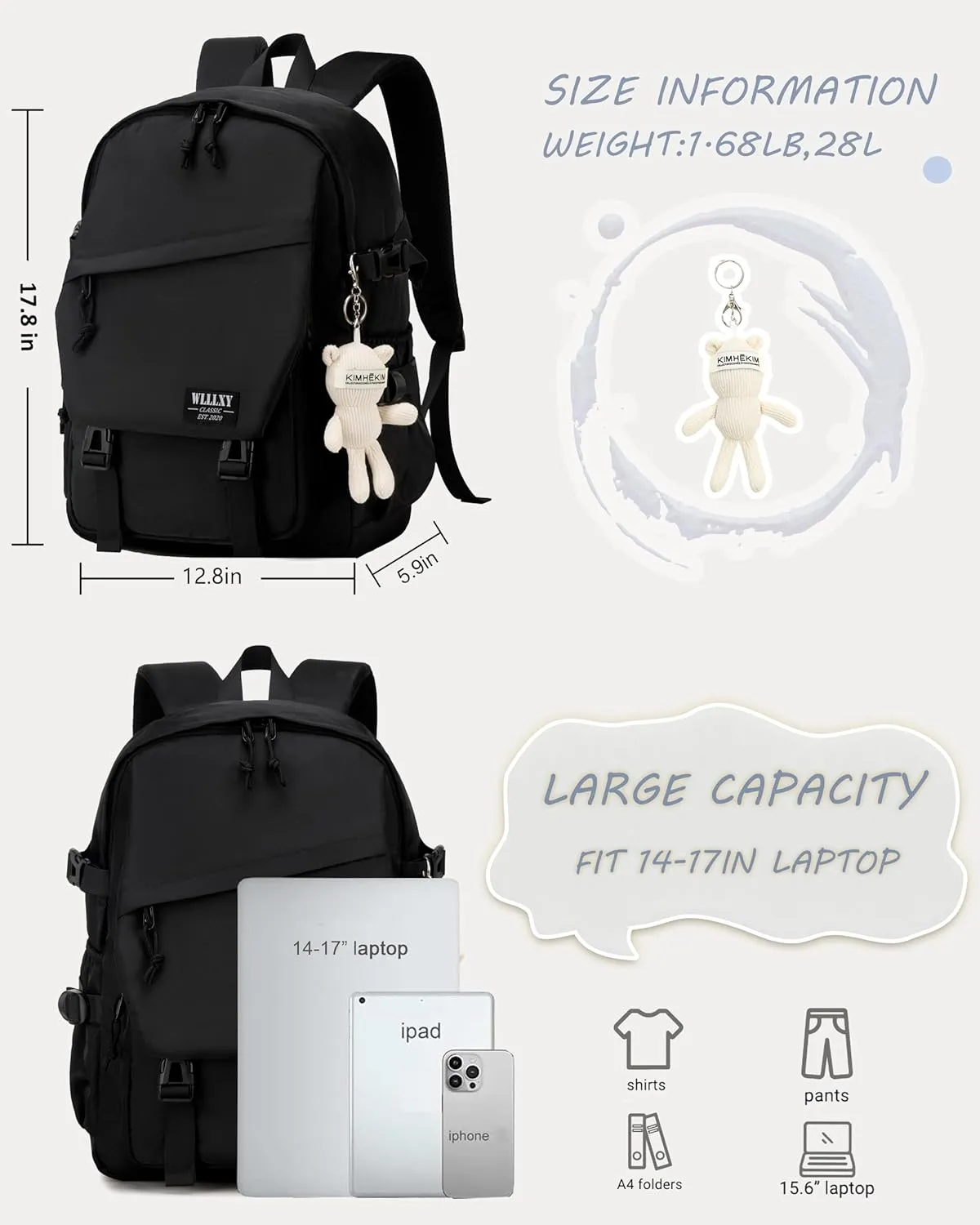 Caoroky knight College School Bag for Men Women Laptop Backpack 15.6 Inch Anti Theft Travel Daypack Large Elementary Middle High Bookbags for Teens Girls Boys Students-Large,black