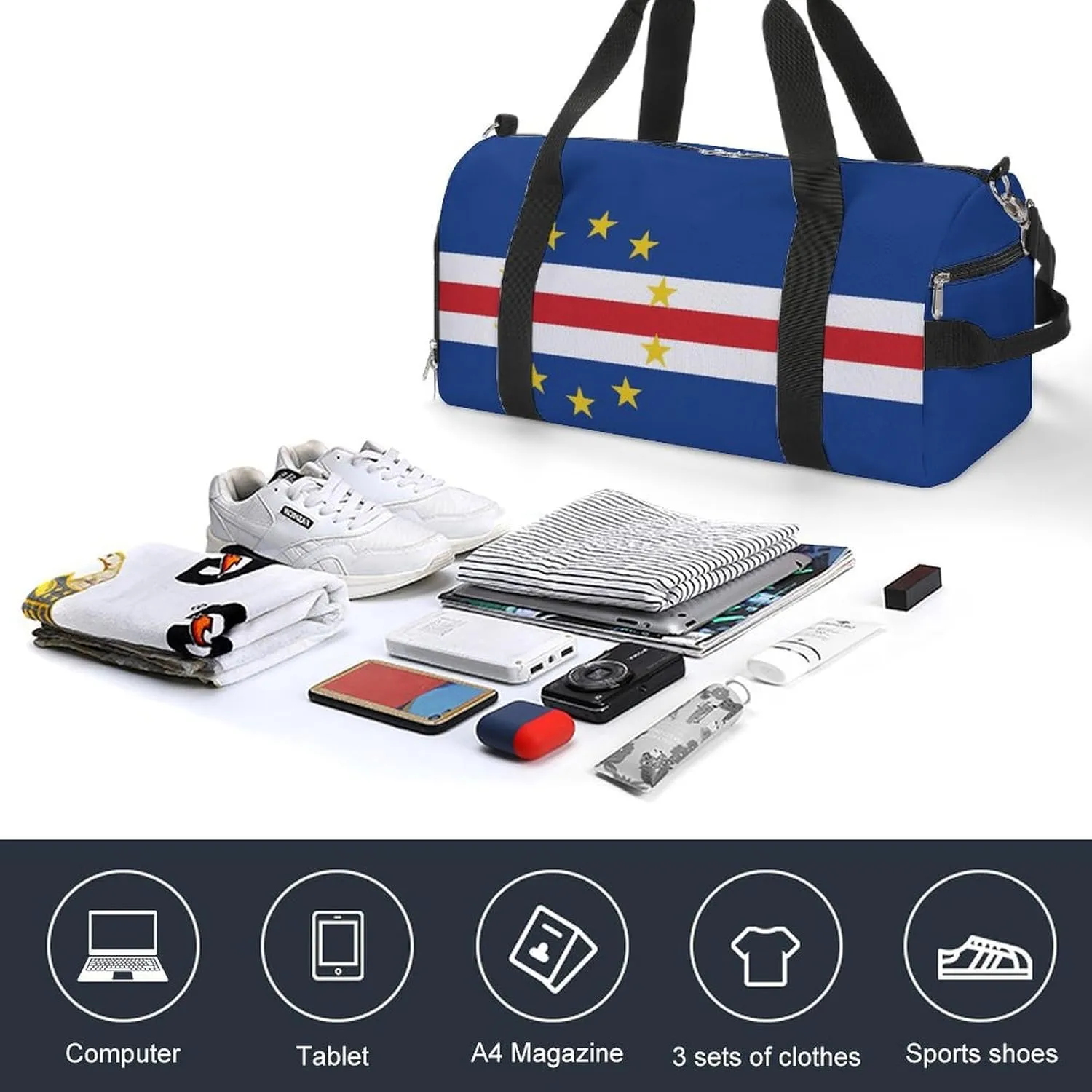 Cape Verde Flag Duffel Bag for Men Women Waterproof with Shoe Compartment