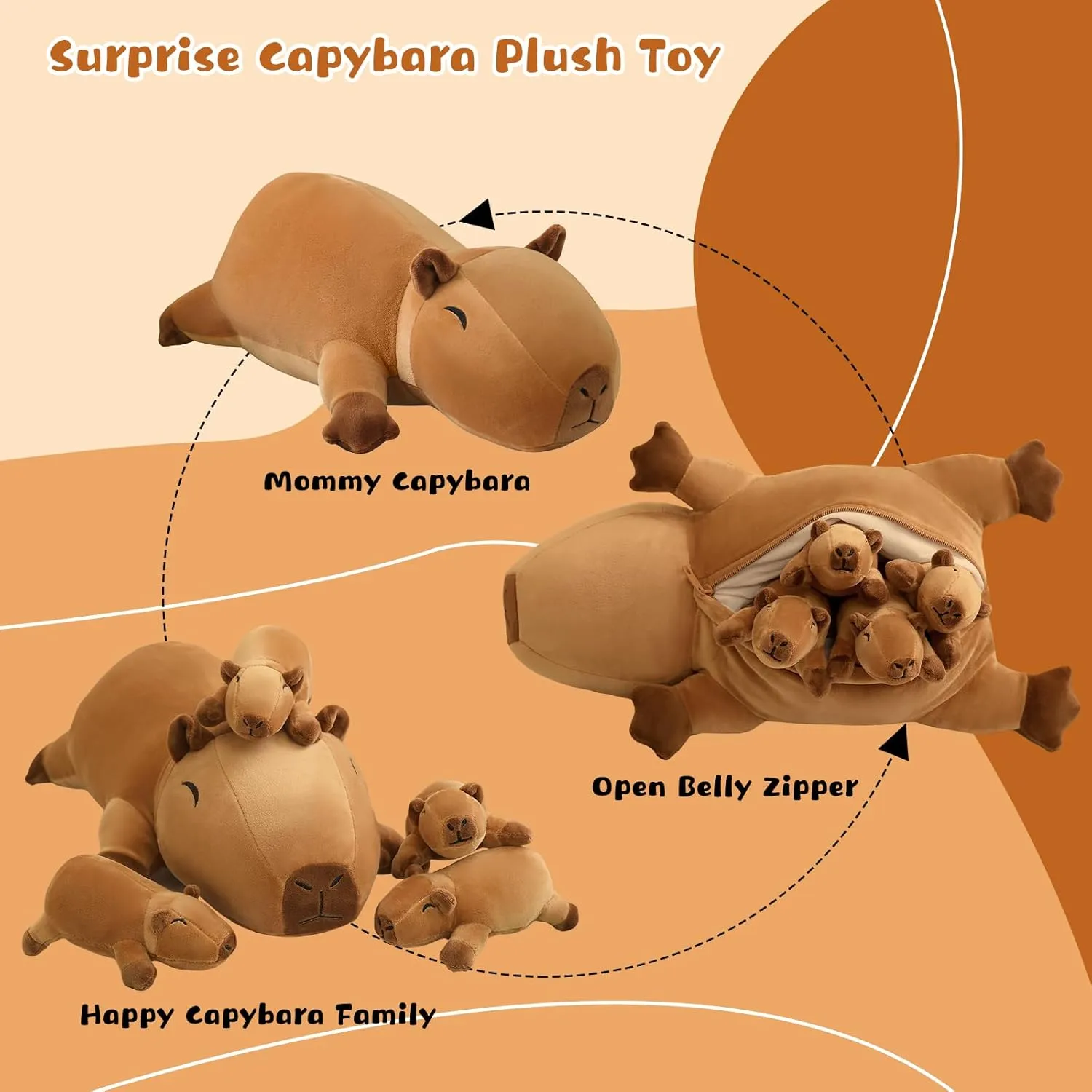 Capybara Plush Cute Capybara Stuffed Animal Pillow with 4 Baby Plushies in Her Tummy, Soft Cotton Stuffed Animals Toy Gifts for Kids