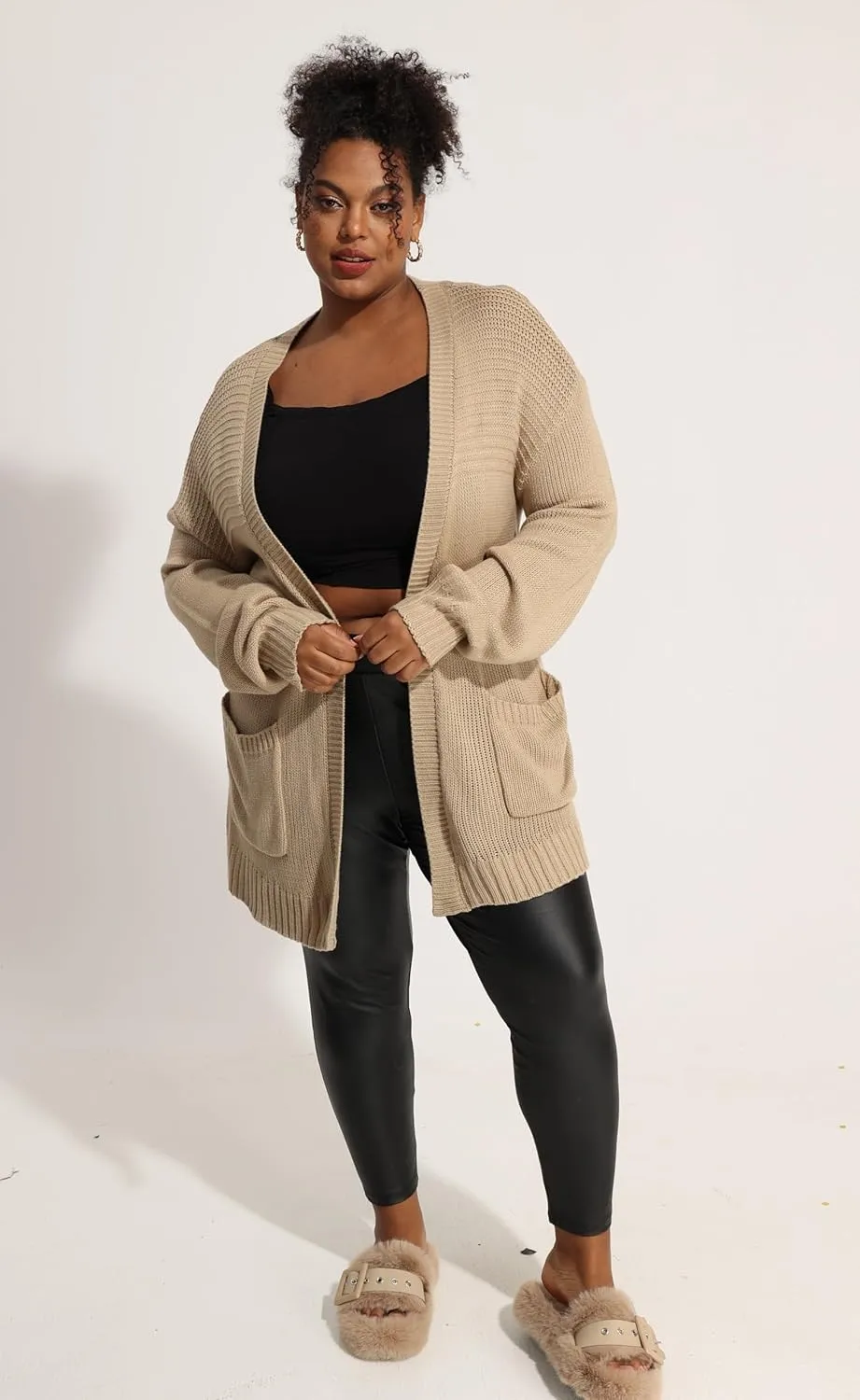 CARCOS Plus Size Cardigan Sweaters for Women Open Front Long Sleeve Oversized Winter Knit Cardigan Coats Pockets XL-3XL
