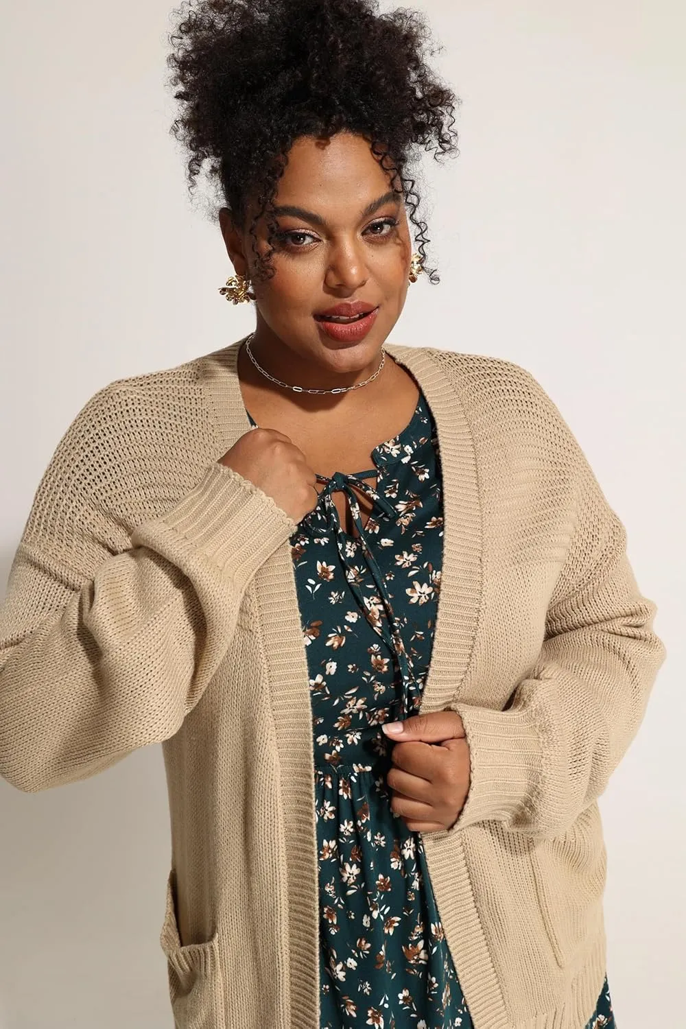 CARCOS Plus Size Cardigan Sweaters for Women Open Front Long Sleeve Oversized Winter Knit Cardigan Coats Pockets XL-3XL