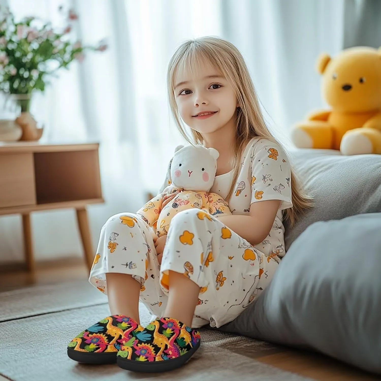 Cartoon Animal Girls Boys Fluffy Slippers Comfy Closed Toe Shoes Slip-on Slides for Kids House Indoor Slippers SizeUS 9-15