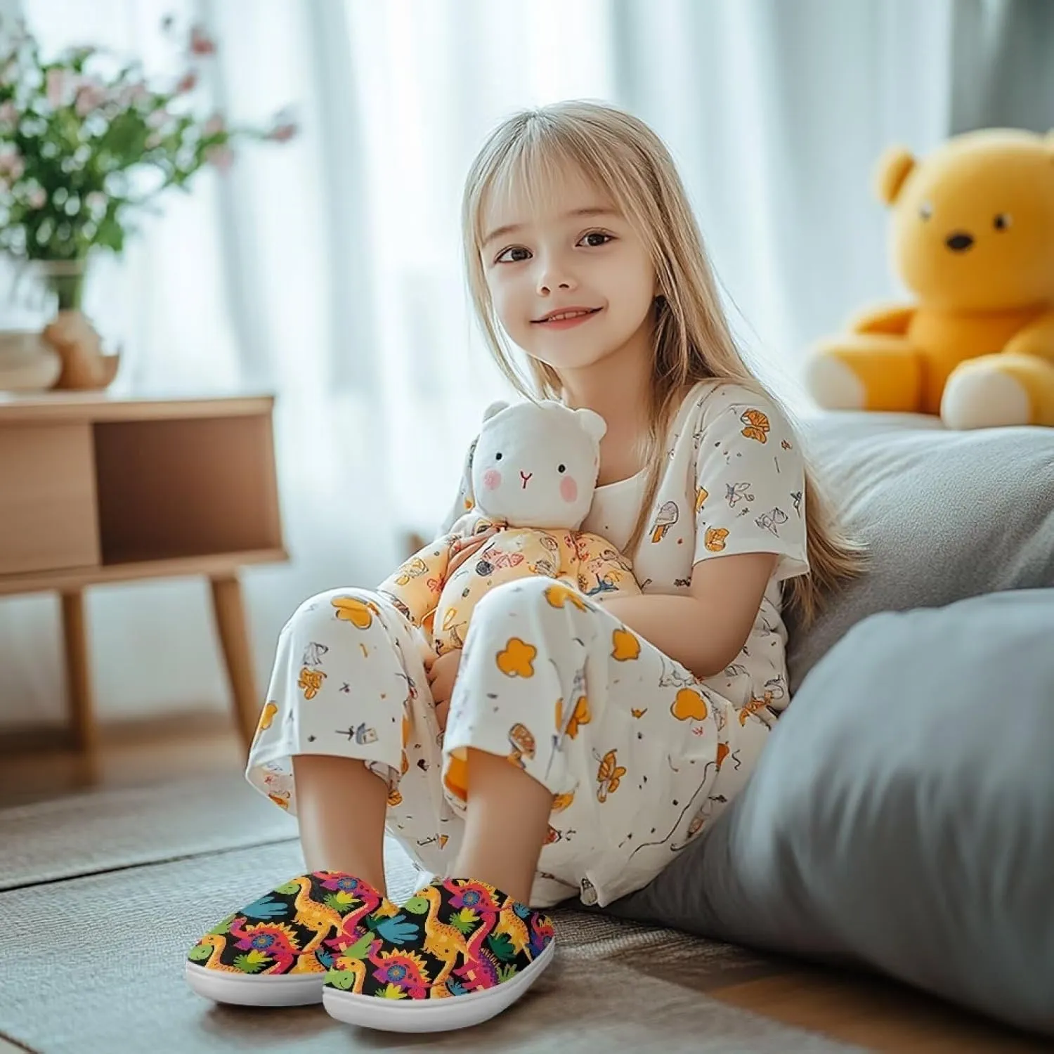 Cartoon Animal Kids Fluffy Slippers Boys Girls Comfy Closed Toe Shoes Slip On Slides Indoor House Slippers SizeUS 9-15