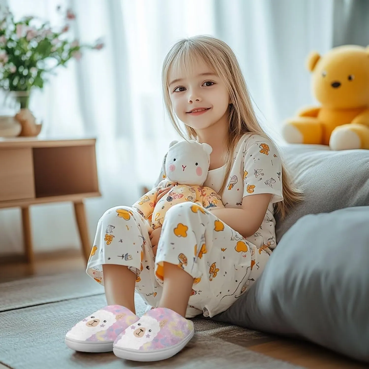Cartoon Animals Children's Fuzzy Slippers Boys Girls Cozy Warm Winter House Slippers Comfy with Non-Slip Sole for Little Kids SizeUS 9-15