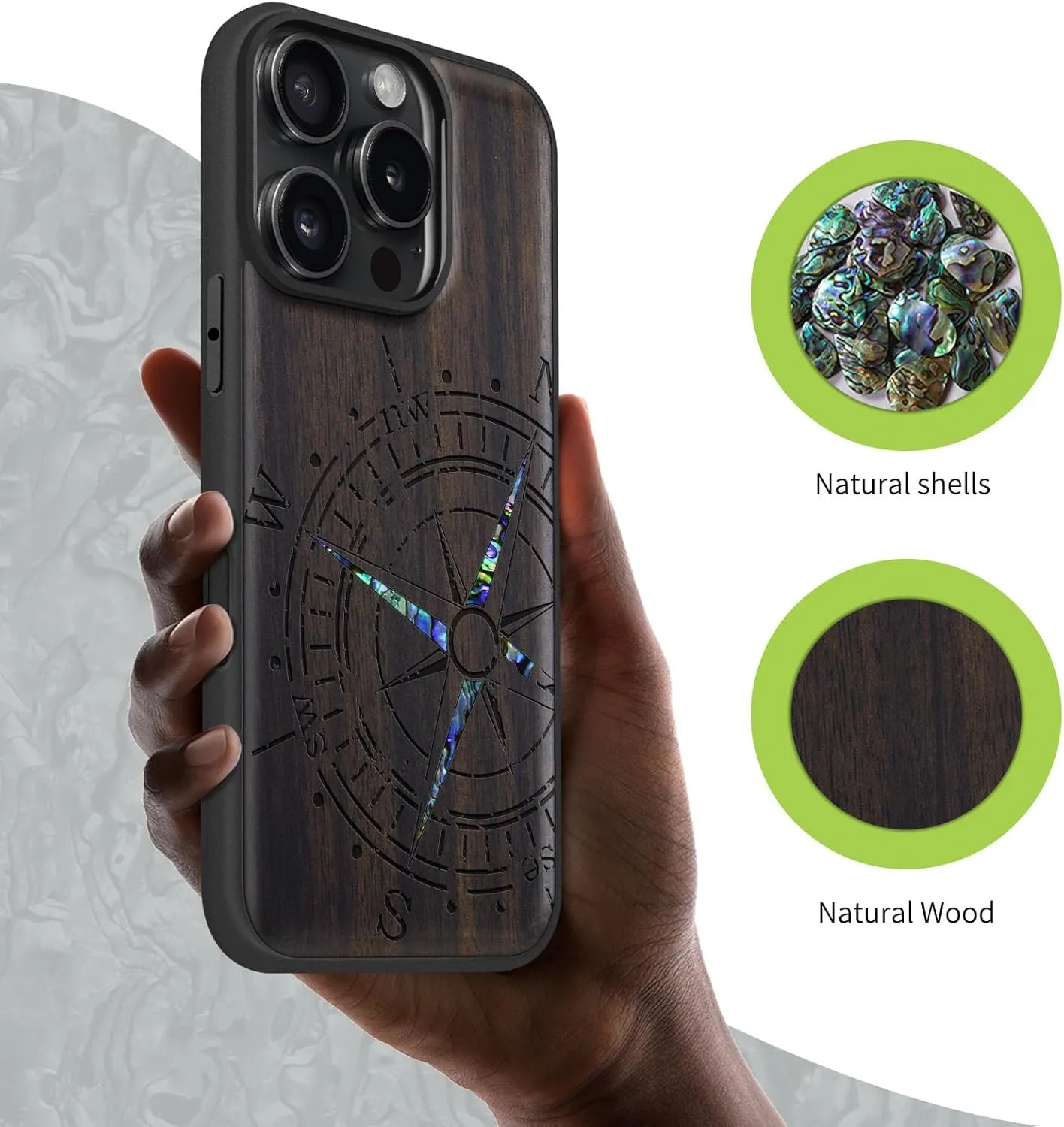 Carveit Magnetic Case for iPhone 16 Pro Case, Wood Artisan Engraved & Handmade Shell Inlaid, TPU Shockproof Cover, Compatible with MagSafe Wireless Chargers (Incomplete Compass) Blackwood