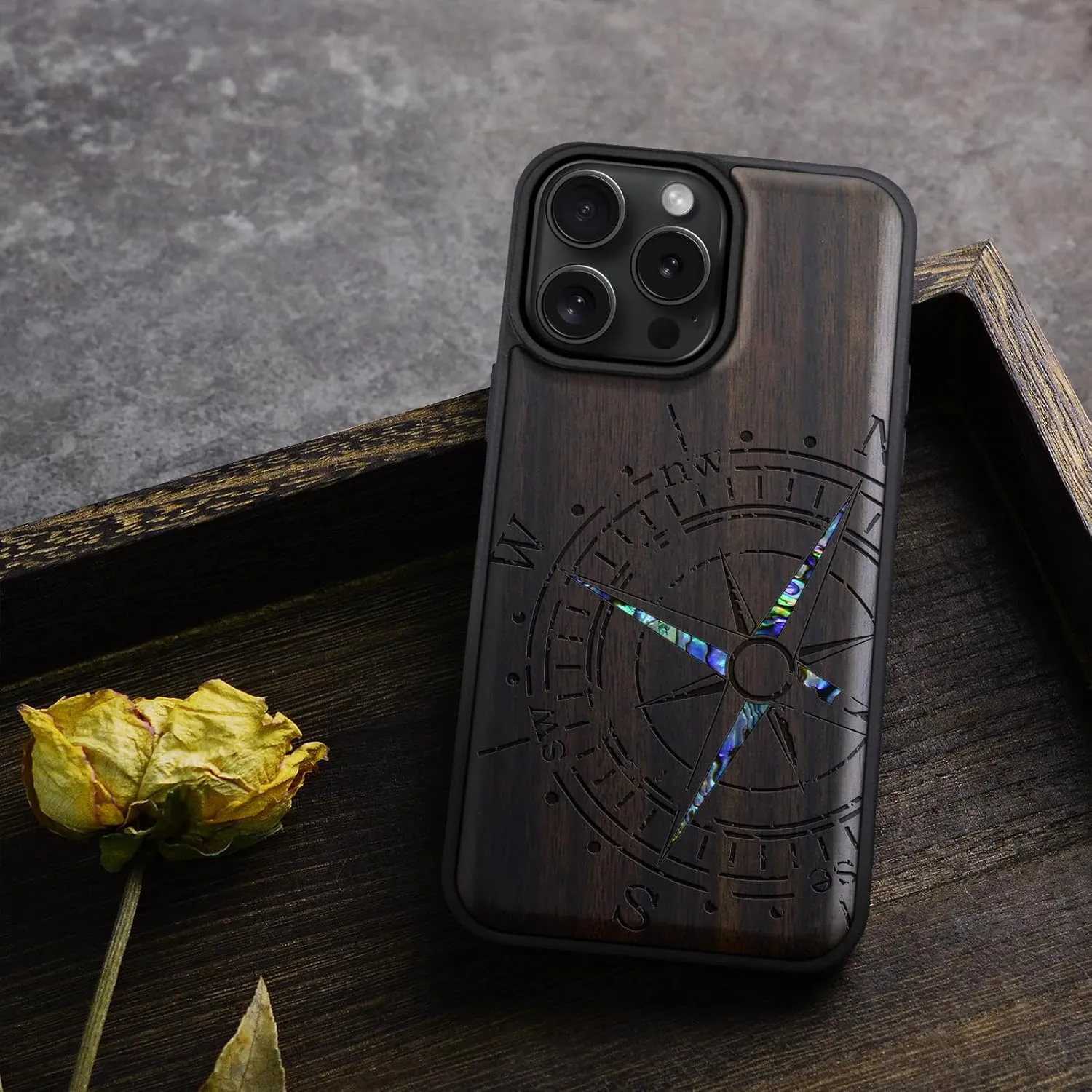 Carveit Magnetic Case for iPhone 16 Pro Case, Wood Artisan Engraved & Handmade Shell Inlaid, TPU Shockproof Cover, Compatible with MagSafe Wireless Chargers (Incomplete Compass) Blackwood