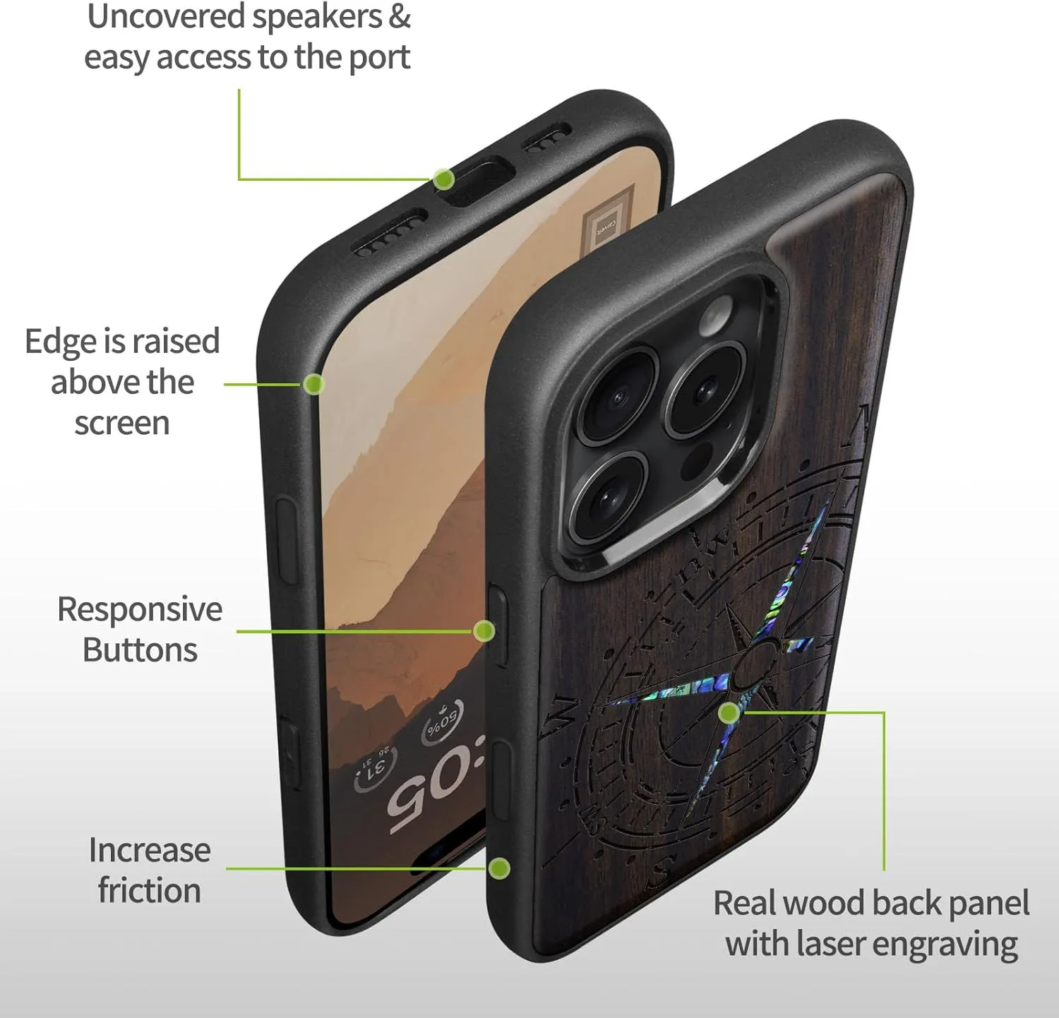 Carveit Magnetic Case for iPhone 16 Pro Case, Wood Artisan Engraved & Handmade Shell Inlaid, TPU Shockproof Cover, Compatible with MagSafe Wireless Chargers (Incomplete Compass) Blackwood