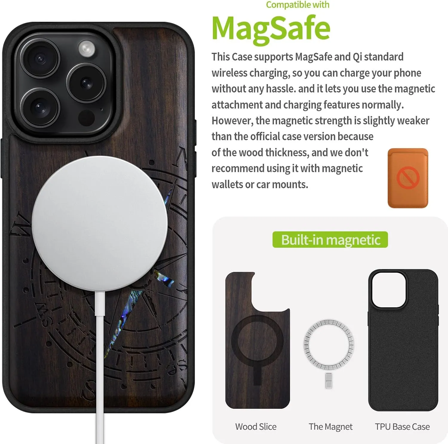 Carveit Magnetic Case for iPhone 16 Pro Case, Wood Artisan Engraved & Handmade Shell Inlaid, TPU Shockproof Cover, Compatible with MagSafe Wireless Chargers (Incomplete Compass) Blackwood