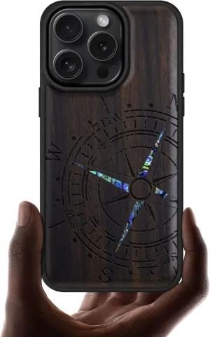 Carveit Magnetic Case for iPhone 16 Pro Case, Wood Artisan Engraved & Handmade Shell Inlaid, TPU Shockproof Cover, Compatible with MagSafe Wireless Chargers (Incomplete Compass) Blackwood