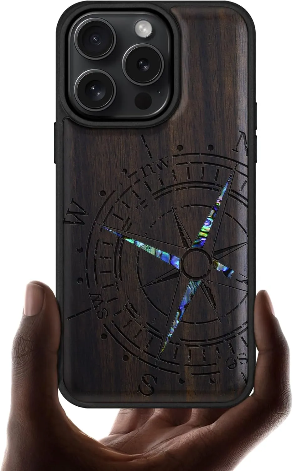 Carveit Magnetic Case for iPhone 16 Pro Case, Wood Artisan Engraved & Handmade Shell Inlaid, TPU Shockproof Cover, Compatible with MagSafe Wireless Chargers (Incomplete Compass) Blackwood