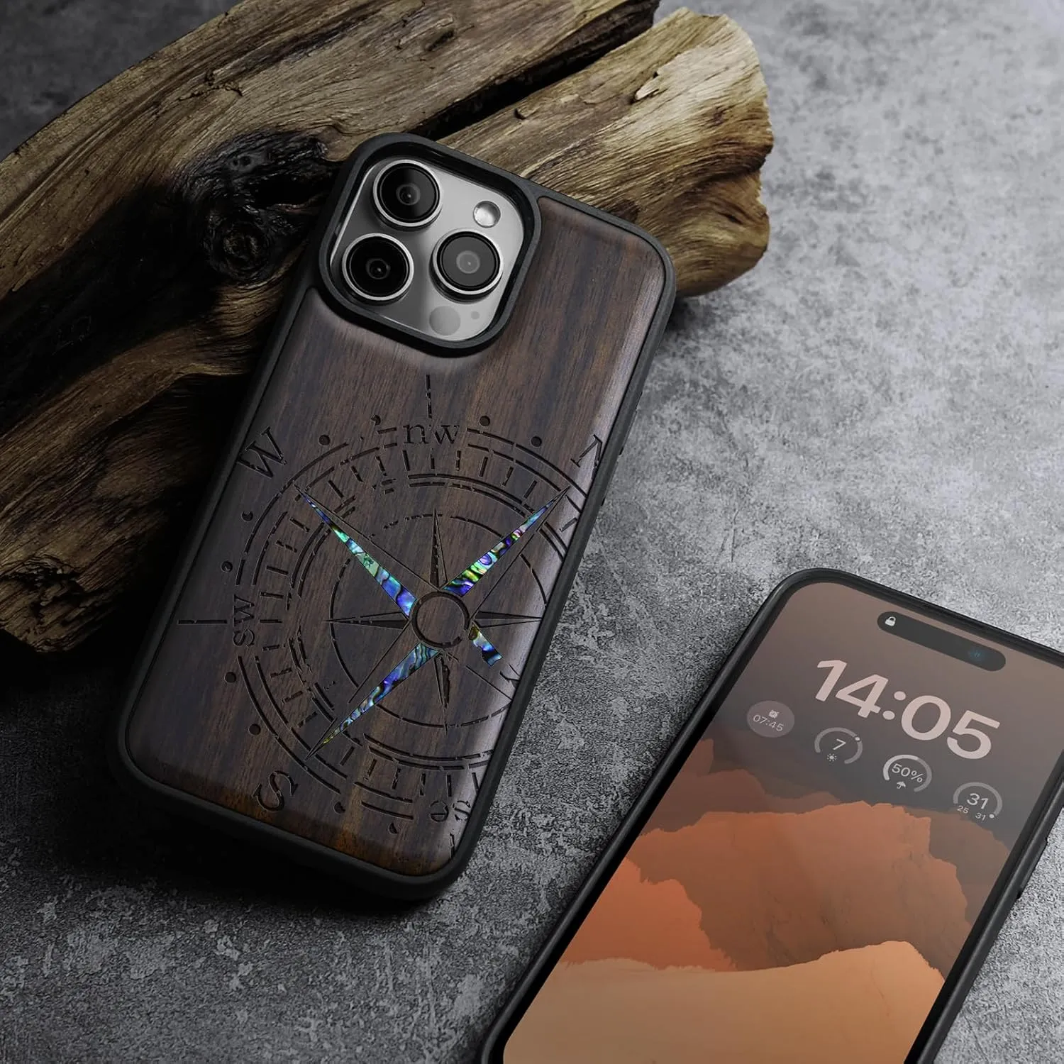 Carveit Magnetic Case for iPhone 16 Pro Case, Wood Artisan Engraved & Handmade Shell Inlaid, TPU Shockproof Cover, Compatible with MagSafe Wireless Chargers (Incomplete Compass) Blackwood