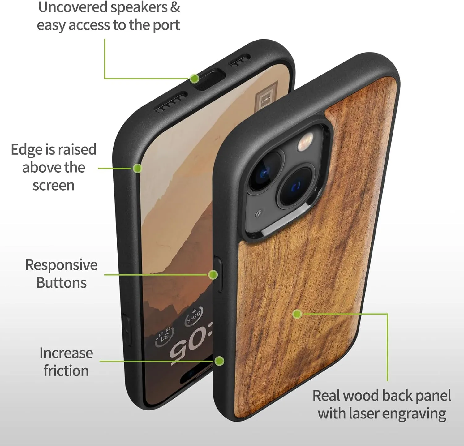 Carveit Magnetic Wooden Case for iPhone 15 Case, Compatible with MagSafe Wireless Chargers, Solid Wood & Black Soft TPU Shockproof Cover (Natural Grain) - Walnut