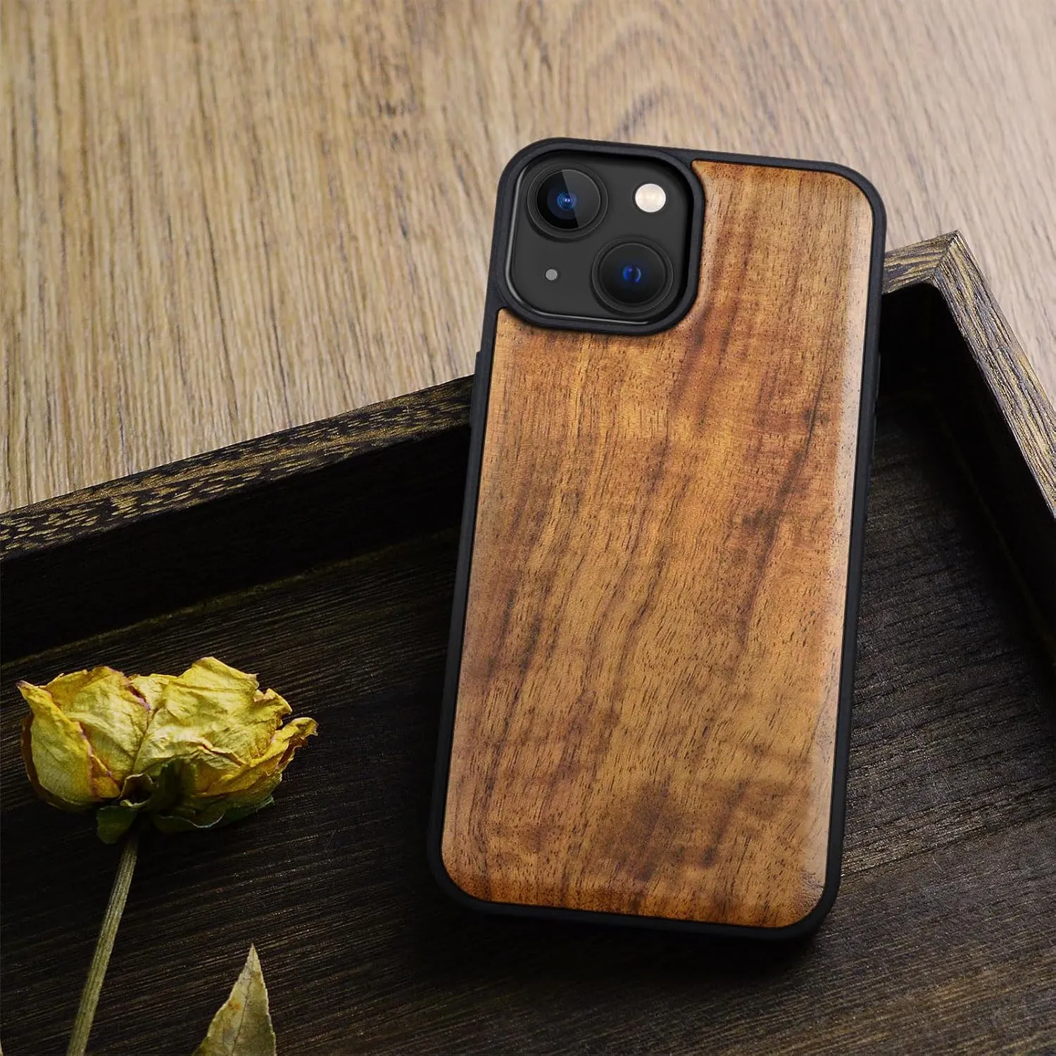 Carveit Magnetic Wooden Case for iPhone 15 Case, Compatible with MagSafe Wireless Chargers, Solid Wood & Black Soft TPU Shockproof Cover (Natural Grain) - Walnut