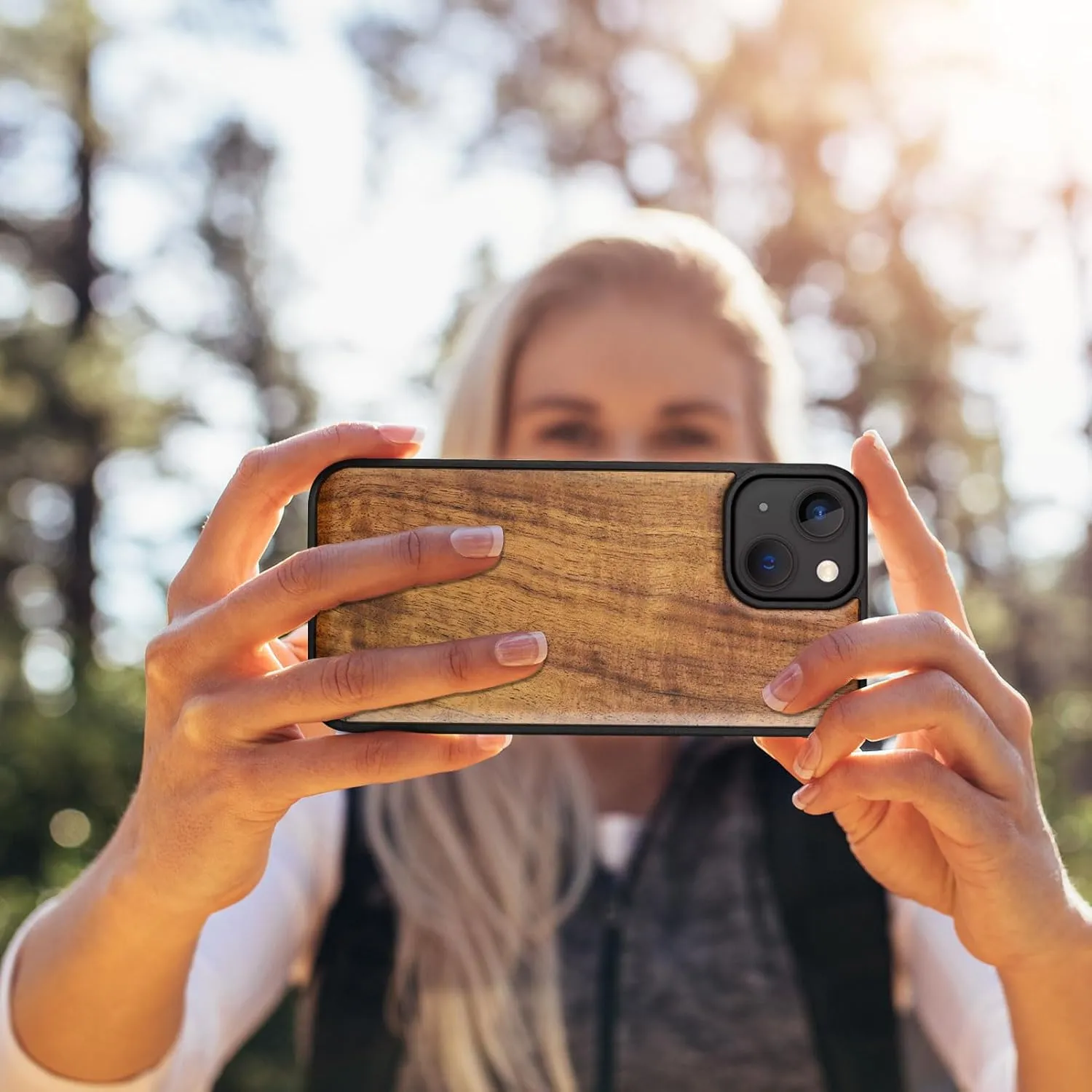 Carveit Magnetic Wooden Case for iPhone 15 Case, Compatible with MagSafe Wireless Chargers, Solid Wood & Black Soft TPU Shockproof Cover (Natural Grain) - Walnut