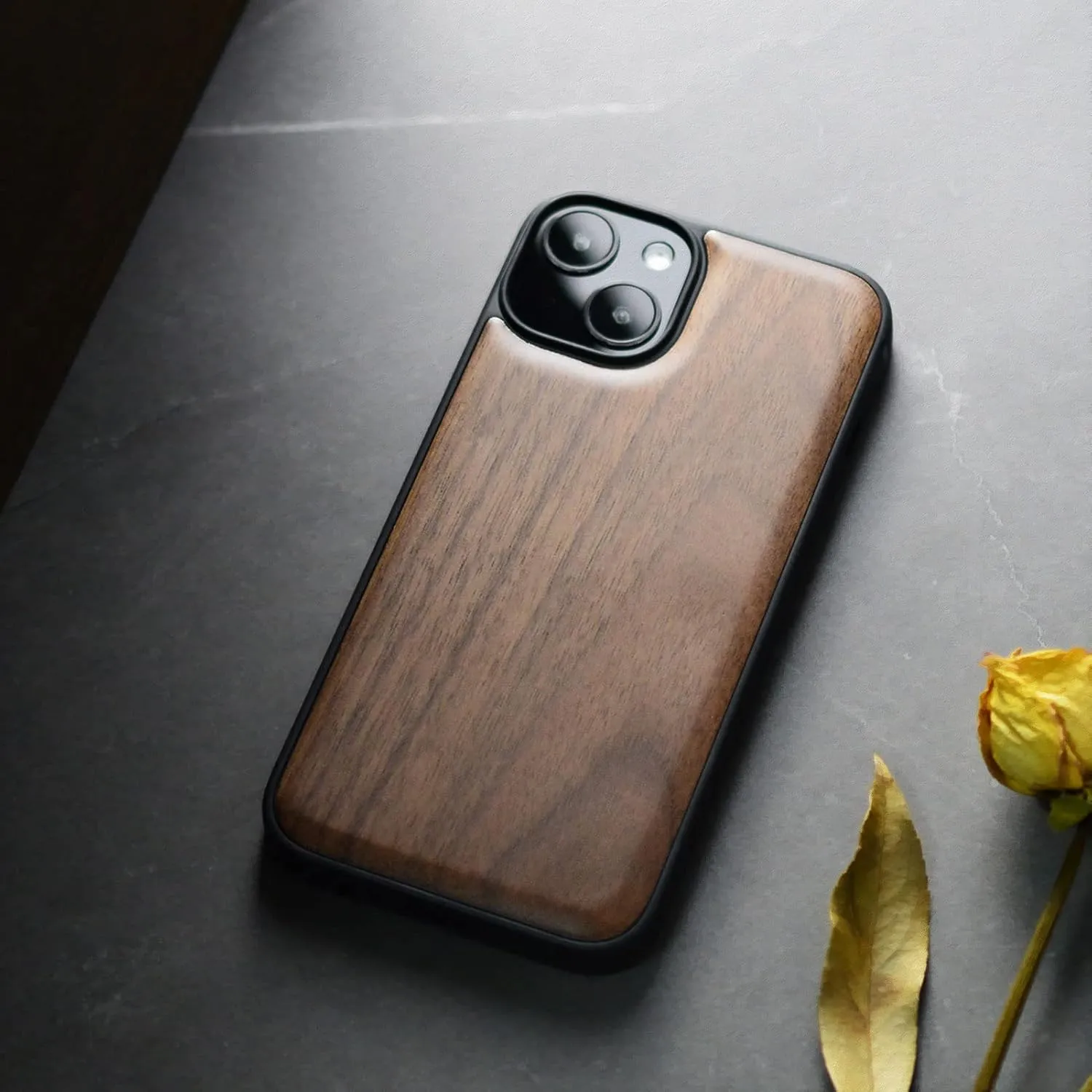 Carveit Magnetic Wooden Case for iPhone 15 Case, Compatible with MagSafe Wireless Chargers, Solid Wood & Black Soft TPU Shockproof Cover (Natural Grain) - Walnut