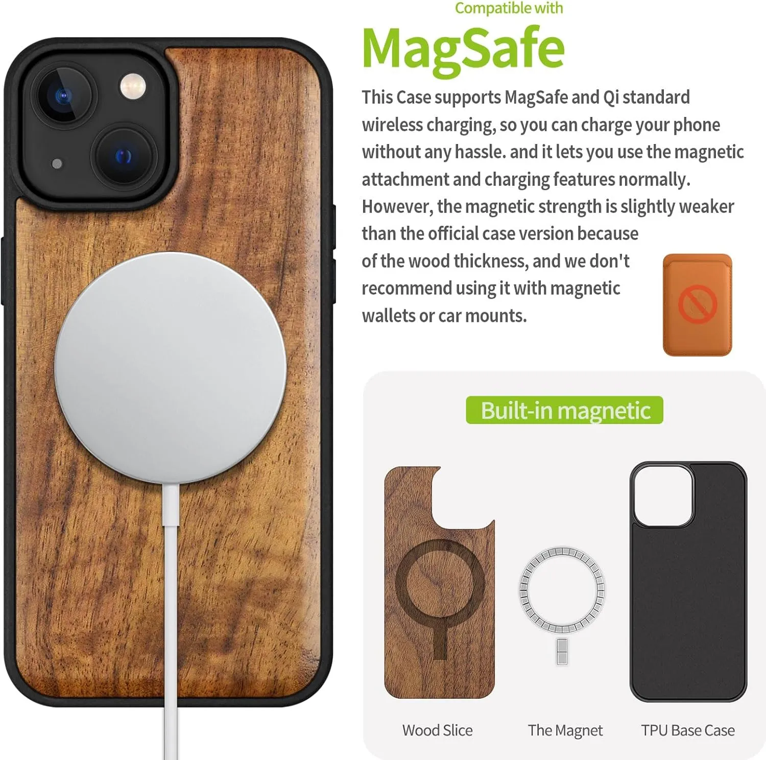 Carveit Magnetic Wooden Case for iPhone 15 Case, Compatible with MagSafe Wireless Chargers, Solid Wood & Black Soft TPU Shockproof Cover (Natural Grain) - Walnut