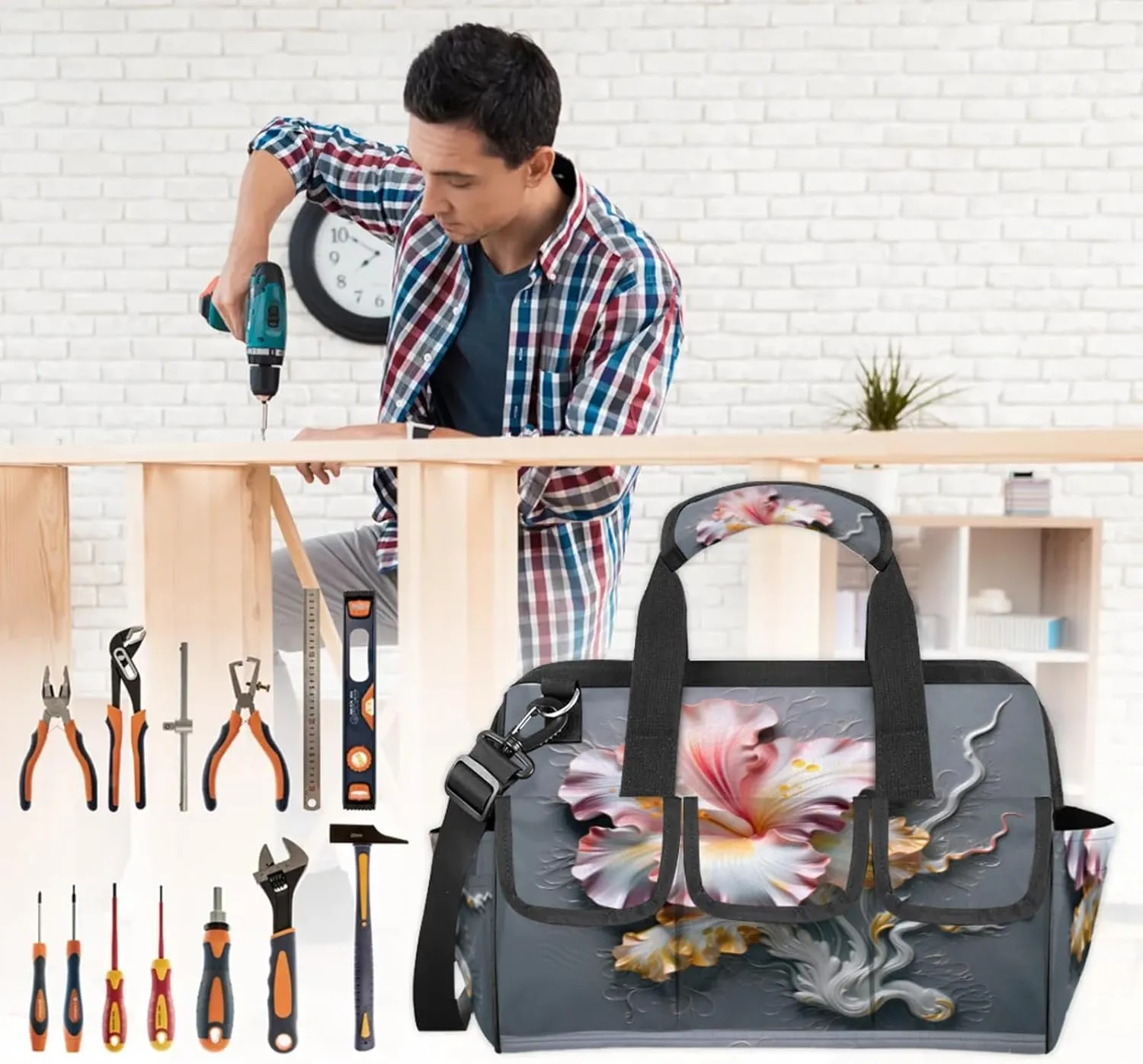 Carving Flower Art Wall Tool Bag Wide Mouth 14.8" Portable Tools Tote 14 Pockets Waterproof Heavy Duty Tool Organizer Adjustable Shoulder Strap for Men Women Garden Tools