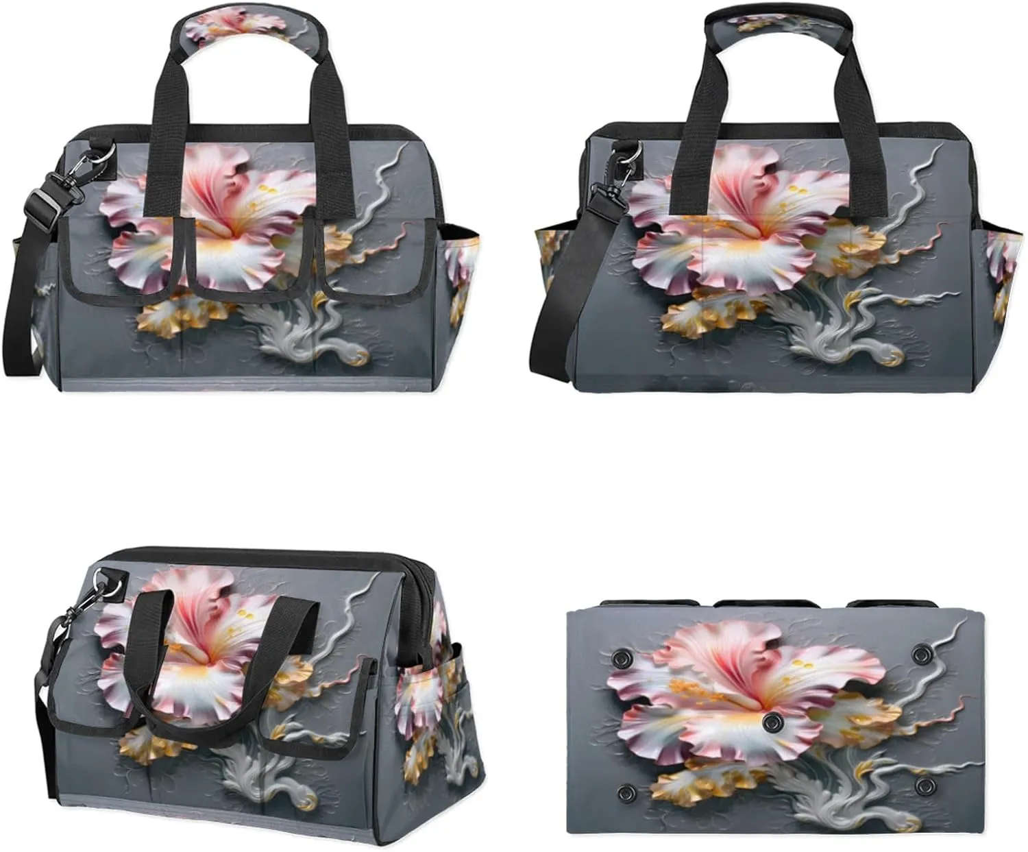 Carving Flower Art Wall Tool Bag Wide Mouth 14.8" Portable Tools Tote 14 Pockets Waterproof Heavy Duty Tool Organizer Adjustable Shoulder Strap for Men Women Garden Tools