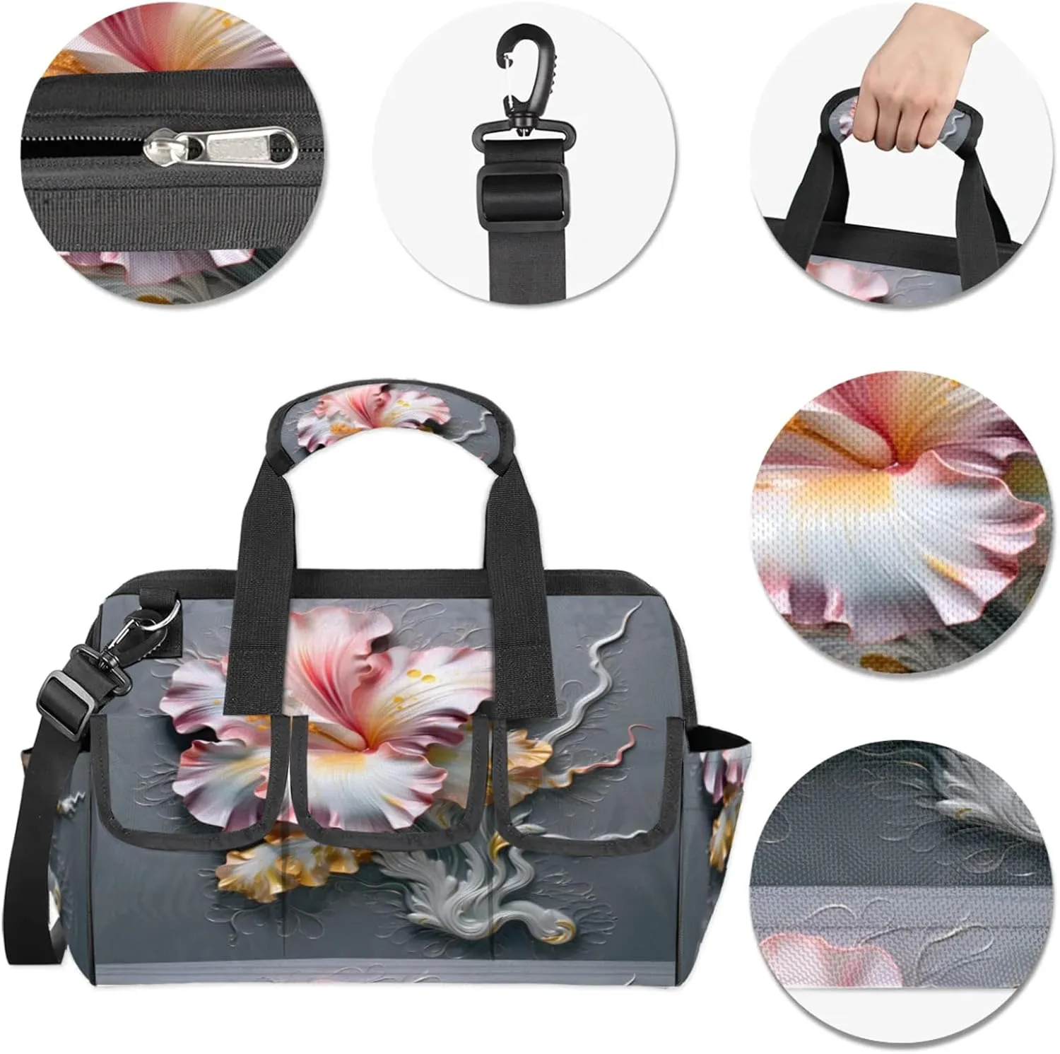 Carving Flower Art Wall Tool Bag Wide Mouth 14.8" Portable Tools Tote 14 Pockets Waterproof Heavy Duty Tool Organizer Adjustable Shoulder Strap for Men Women Garden Tools
