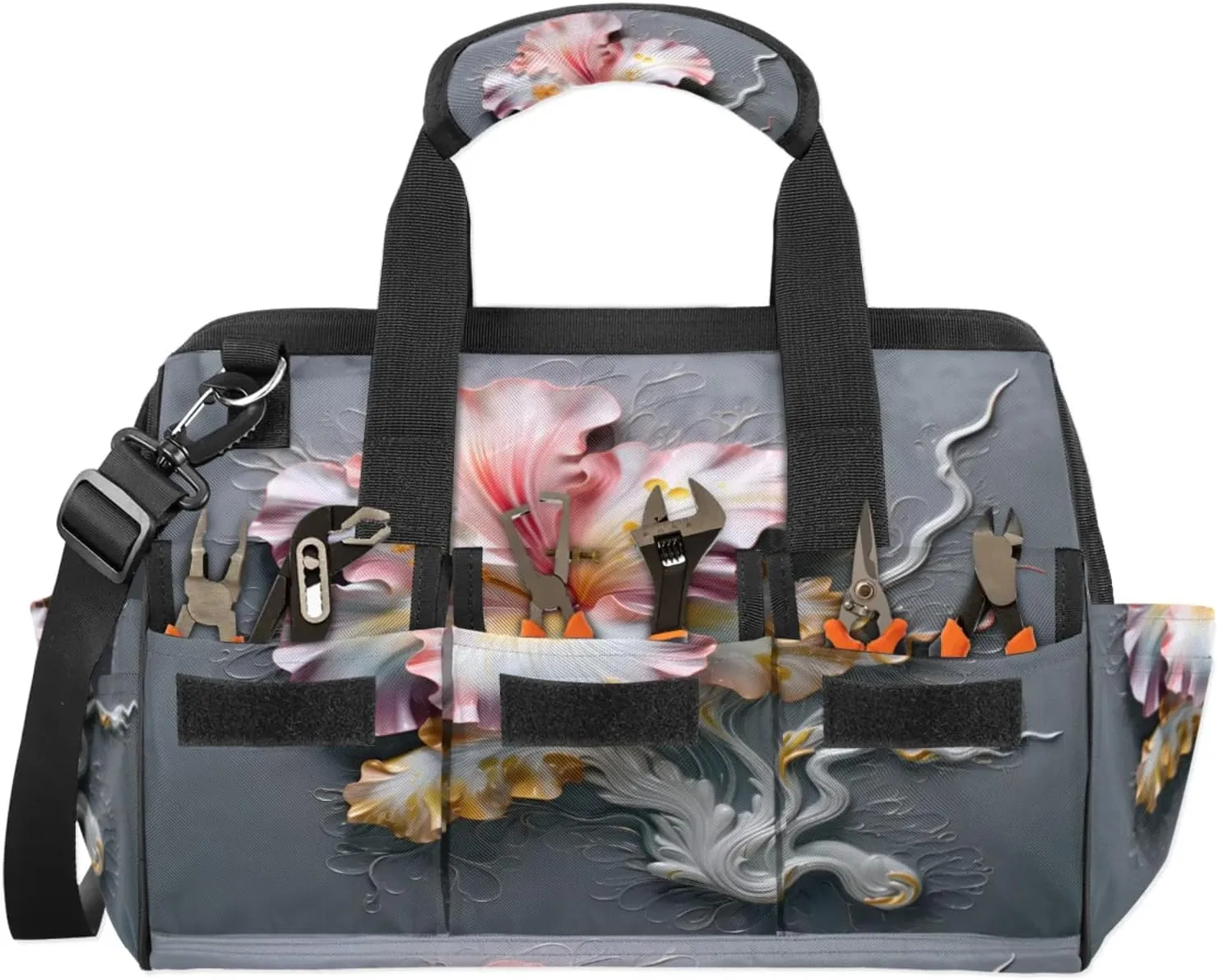 Carving Flower Art Wall Tool Bag Wide Mouth 14.8" Portable Tools Tote 14 Pockets Waterproof Heavy Duty Tool Organizer Adjustable Shoulder Strap for Men Women Garden Tools