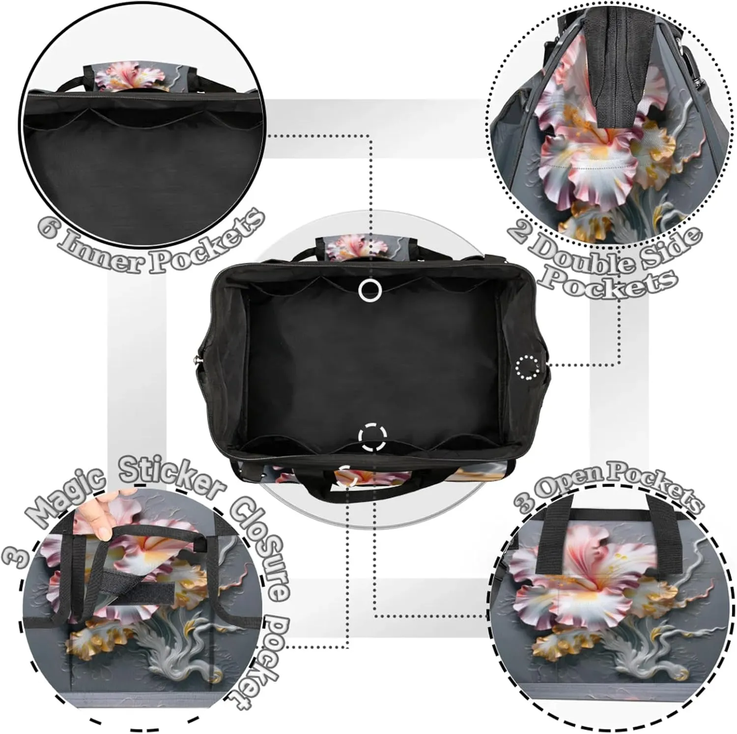 Carving Flower Art Wall Tool Bag Wide Mouth 14.8" Portable Tools Tote 14 Pockets Waterproof Heavy Duty Tool Organizer Adjustable Shoulder Strap for Men Women Garden Tools